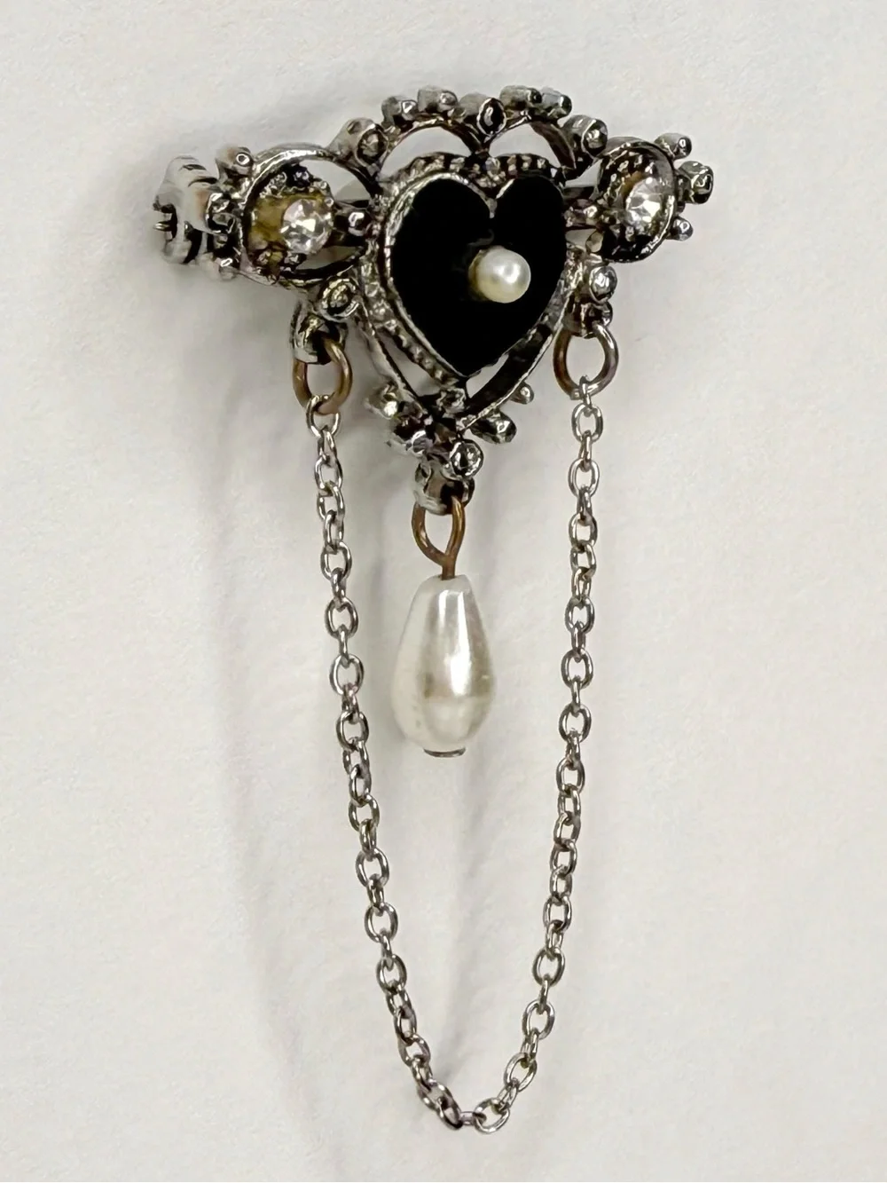 Vintage Signed Florenza Victorian Revival Mourning Heart Brooch Black Enamel